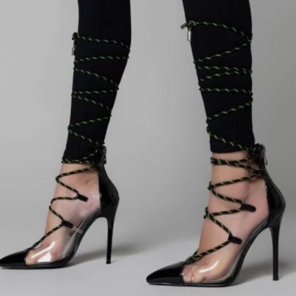 Azalea Wang Clear Patent Pump With Tie Around Leg Laces